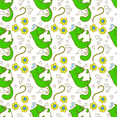 Sevgililer Günü 'nü seven el çizimi sevimli kedi, kusursuz desen, arka plan, çizgi film, baskı, sanat