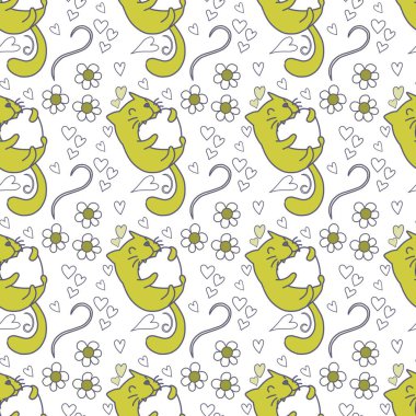 Sevgililer Günü 'nü seven el çizimi sevimli kedi, kusursuz desen, arka plan, çizgi film, baskı, sanat