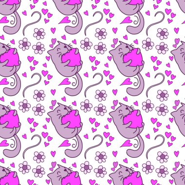 Sevgililer Günü 'nü seven el çizimi sevimli kedi, kusursuz desen, arka plan, çizgi film, baskı, sanat