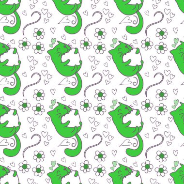 Sevgililer Günü 'nü seven el çizimi sevimli kedi, kusursuz desen, arka plan, çizgi film, baskı, sanat