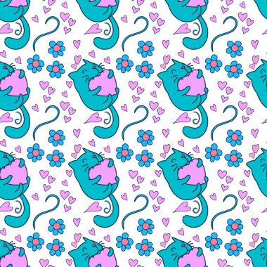 Sevgililer Günü 'nü seven el çizimi sevimli kedi, kusursuz desen, arka plan, çizgi film, baskı, sanat