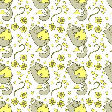 Sevgililer Günü 'nü seven el çizimi sevimli kedi, kusursuz desen, arka plan, çizgi film, baskı, sanat