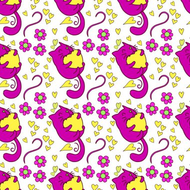 Sevgililer Günü 'nü seven el çizimi sevimli kedi, kusursuz desen, arka plan, çizgi film, baskı, sanat