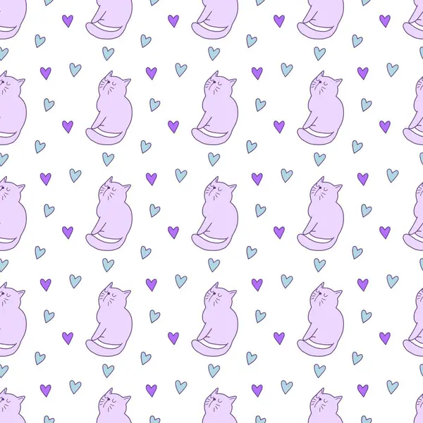 Sevgililer Günü 'nü seven el çizimi sevimli kedi, kusursuz desen, arka plan, çizgi film, baskı, sanat