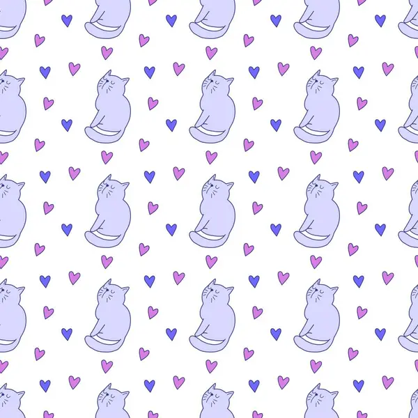 Sevgililer Günü 'nü seven el çizimi sevimli kedi, kusursuz desen, arka plan, çizgi film, baskı, sanat