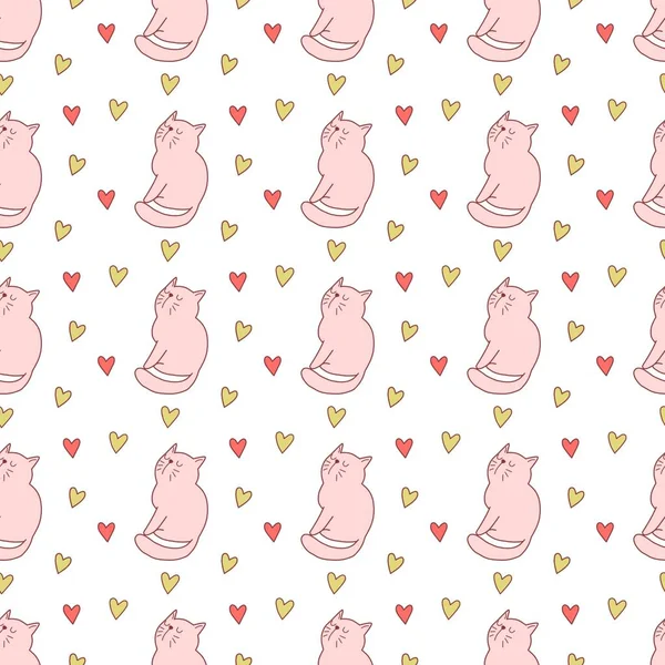 Sevgililer Günü 'nü seven el çizimi sevimli kedi, kusursuz desen, arka plan, çizgi film, baskı, sanat