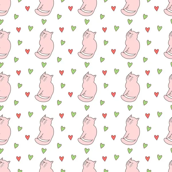 Hand drawn cute cat with loves for Valentine's Day, seamless pattern, background, cartoon, print, art