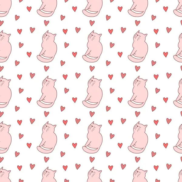 Sevgililer Günü 'nü seven el çizimi sevimli kedi, kusursuz desen, arka plan, çizgi film, baskı, sanat