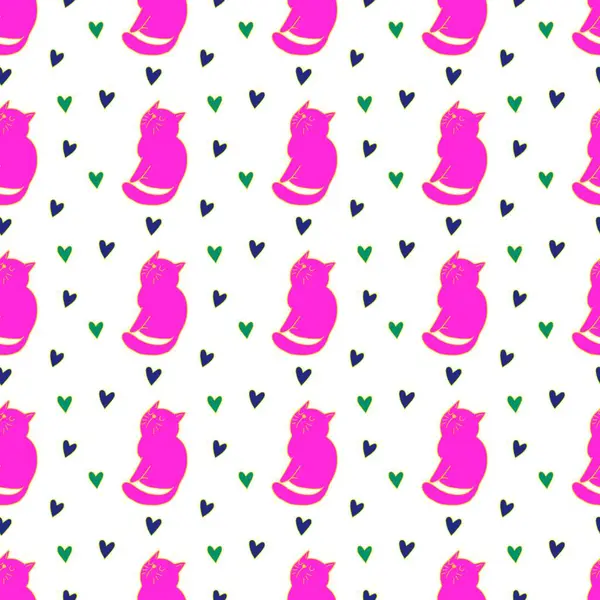 Sevgililer Günü 'nü seven el çizimi sevimli kedi, kusursuz desen, arka plan, çizgi film, baskı, sanat