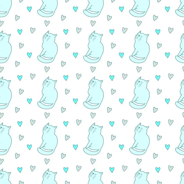 Sevgililer Günü 'nü seven el çizimi sevimli kedi, kusursuz desen, arka plan, çizgi film, baskı, sanat