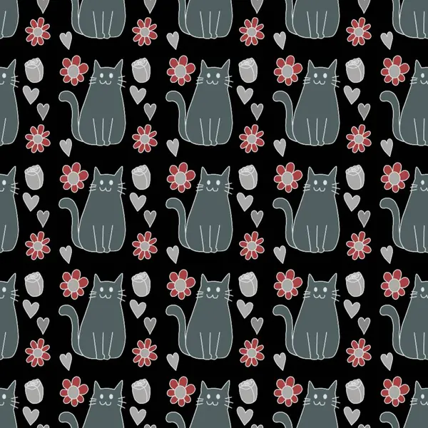 Sevgililer Günü 'nü seven el çizimi sevimli kedi, kusursuz desen, arka plan, çizgi film, baskı, sanat