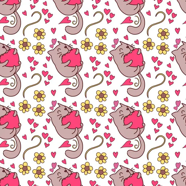 Sevgililer Günü 'nü seven el çizimi sevimli kedi, kusursuz desen, arka plan, çizgi film, baskı, sanat