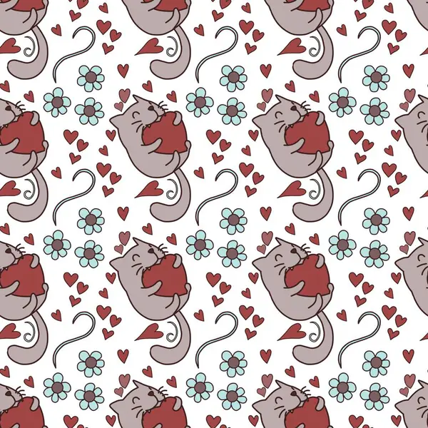 Hand drawn cute cat with loves for Valentine\'s Day, seamless pattern, background, cartoon, print, art