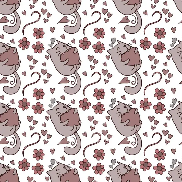 Sevgililer Günü 'nü seven el çizimi sevimli kedi, kusursuz desen, arka plan, çizgi film, baskı, sanat