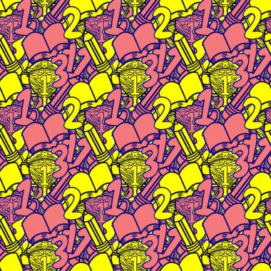 Okula geri çekilen el, kusursuz desen, arka plan, çizim, baskı, sanat.