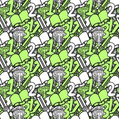 Okula geri çekilen el, kusursuz desen, arka plan, çizim, baskı, sanat.