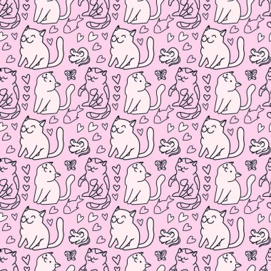 Sevimli kedisiz desen, arka plan tasarımı, kumaş, tekstil, çizgi film, çizim, karalama, baskı, sanat için harika..