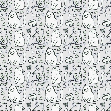 Sevimli kedisiz desen, arka plan tasarımı, kumaş, tekstil, çizgi film, çizim, karalama, baskı, sanat için harika..