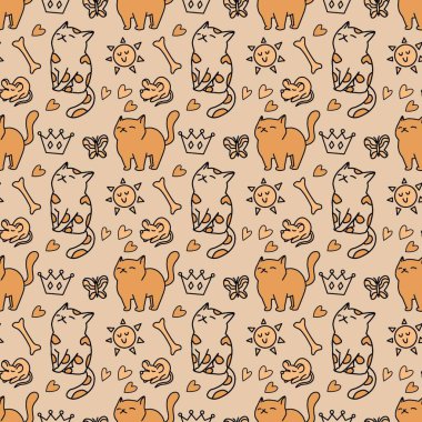 Sevimli kedisiz desen, arka plan tasarımı, kumaş, tekstil, çizgi film, çizim, karalama, baskı, sanat için harika..