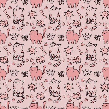 Sevimli kedisiz desen, arka plan tasarımı, kumaş, tekstil, çizgi film, çizim, karalama, baskı, sanat için harika..