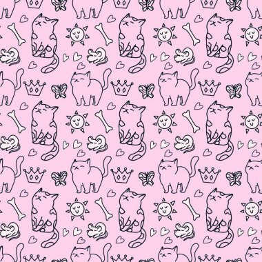 Sevimli kedisiz desen, arka plan tasarımı, kumaş, tekstil, çizgi film, çizim, karalama, baskı, sanat için harika..