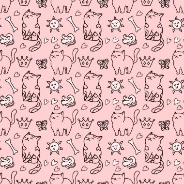 Sevimli kedisiz desen, arka plan tasarımı, kumaş, tekstil, çizgi film, çizim, karalama, baskı, sanat için harika..
