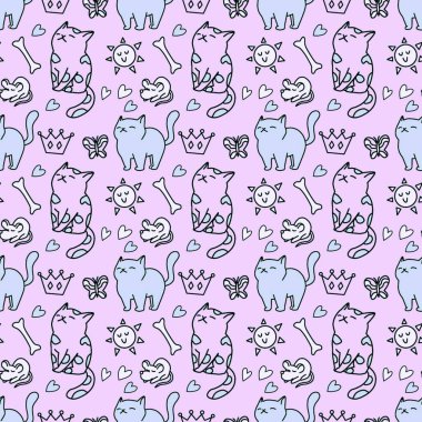 Sevimli kedisiz desen, arka plan tasarımı, kumaş, tekstil, çizgi film, çizim, karalama, baskı, sanat için harika..
