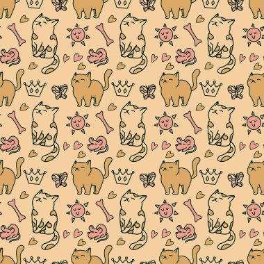 Sevimli kedisiz desen, arka plan tasarımı, kumaş, tekstil, çizgi film, çizim, karalama, baskı, sanat için harika..