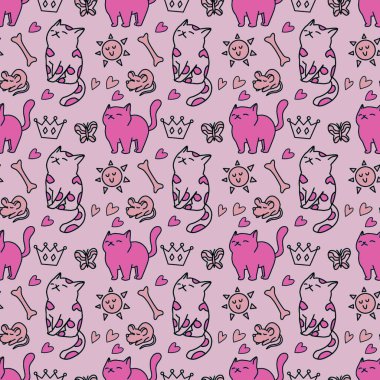 Sevimli kedisiz desen, arka plan tasarımı, kumaş, tekstil, çizgi film, çizim, karalama, baskı, sanat için harika..