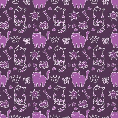 Sevimli kedisiz desen, arka plan tasarımı, kumaş, tekstil, çizgi film, çizim, karalama, baskı, sanat için harika..