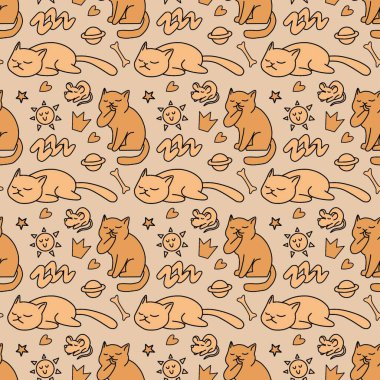 Sevimli kedisiz desen, arka plan tasarımı, kumaş, tekstil, çizgi film, çizim, karalama, baskı, sanat için harika..