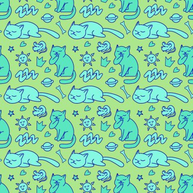 Sevimli kedisiz desen, arka plan tasarımı, kumaş, tekstil, çizgi film, çizim, karalama, baskı, sanat için harika..