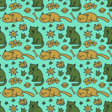 Sevimli kedisiz desen, arka plan tasarımı, kumaş, tekstil, çizgi film, çizim, karalama, baskı, sanat için harika..