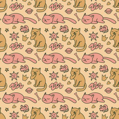 Sevimli kedisiz desen, arka plan tasarımı, kumaş, tekstil, çizgi film, çizim, karalama, baskı, sanat için harika..