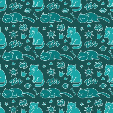 Sevimli kedisiz desen, arka plan tasarımı, kumaş, tekstil, çizgi film, çizim, karalama, baskı, sanat için harika..