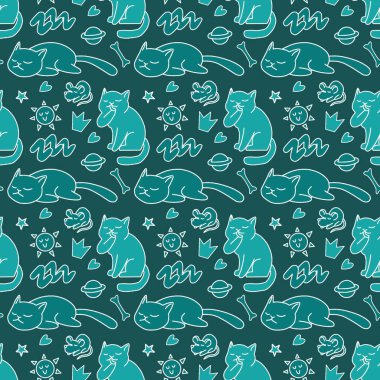 Sevimli kedisiz desen, arka plan tasarımı, kumaş, tekstil, çizgi film, çizim, karalama, baskı, sanat için harika..