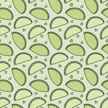 Körili puf, Malezya 'da popüler bir aperatiftir. Akşam yemeği için en önemli seçeneklerden biri. Arkaplan sanatı, kusursuz desen, el çizimi, parmak izi.