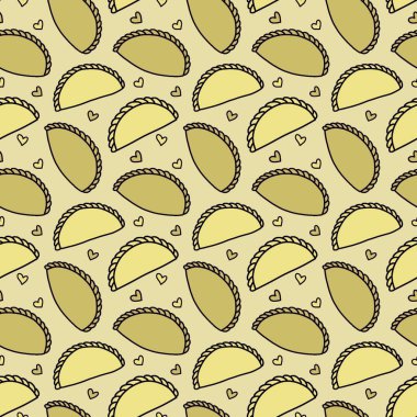 Körili puf, Malezya 'da popüler bir aperatiftir. Akşam yemeği için en önemli seçeneklerden biri. Arkaplan sanatı, kusursuz desen, el çizimi, parmak izi.