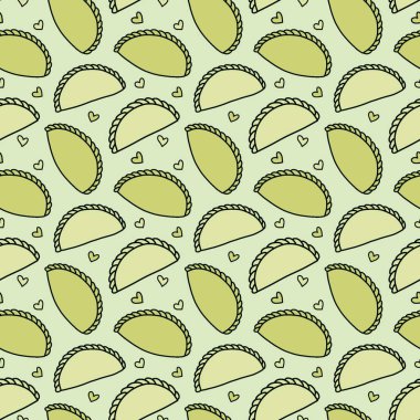 Körili puf, Malezya 'da popüler bir aperatiftir. Akşam yemeği için en önemli seçeneklerden biri. Arkaplan sanatı, kusursuz desen, el çizimi, parmak izi.