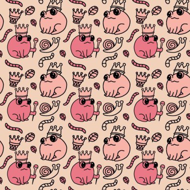 Sevimli bir kurbağa prens resmi, popüler bir peri masalı. Cadılar Bayramı için uygun, kusursuz desen, arkaplan tasarımı, baskı ve sanat