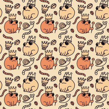 Sevimli bir kurbağa prens resmi, popüler bir peri masalı. Cadılar Bayramı için uygun, kusursuz desen, arkaplan tasarımı, baskı ve sanat