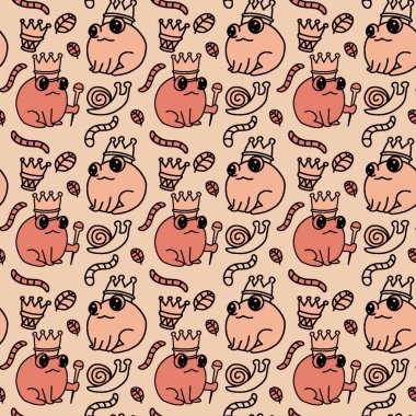 Sevimli bir kurbağa prens resmi, popüler bir peri masalı. Cadılar Bayramı için uygun, kusursuz desen, arkaplan tasarımı, baskı ve sanat