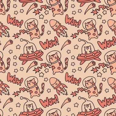 Kedilerin şirin çizimleri araba sürüyor ve oynuyor. arkaplan, kusursuz desen, baskı, sanat