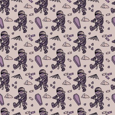 Komik mumya çizimi, Cadılar Bayramı partisi için uygun, arka plan tasarımı, kusursuz desen, baskı, sanat