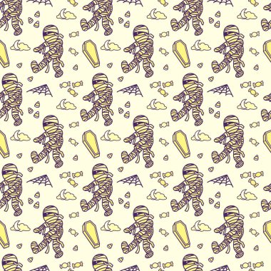 Komik mumya çizimi, Cadılar Bayramı partisi için uygun, arka plan tasarımı, kusursuz desen, baskı, sanat