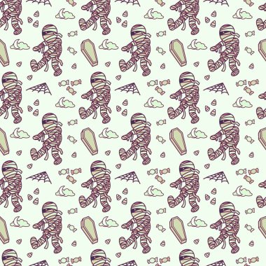 Komik mumya çizimi, Cadılar Bayramı partisi için uygun, arka plan tasarımı, kusursuz desen, baskı, sanat