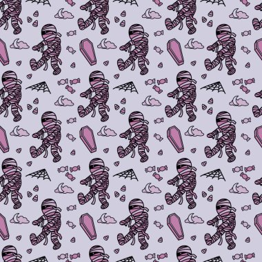 Komik mumya çizimi, Cadılar Bayramı partisi için uygun, arka plan tasarımı, kusursuz desen, baskı, sanat