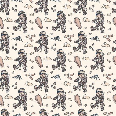 Komik mumya çizimi, Cadılar Bayramı partisi için uygun, arka plan tasarımı, kusursuz desen, baskı, sanat