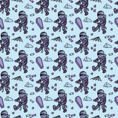 Komik mumya çizimi, Cadılar Bayramı partisi için uygun, arka plan tasarımı, kusursuz desen, baskı, sanat