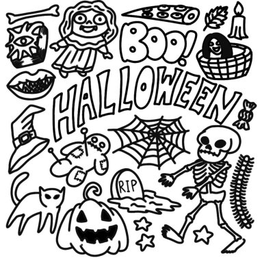 Halloween Doodle Clip Art Set Featuring a Skeleton, Pumpkin, Witch, Ghost, and Doll clipart